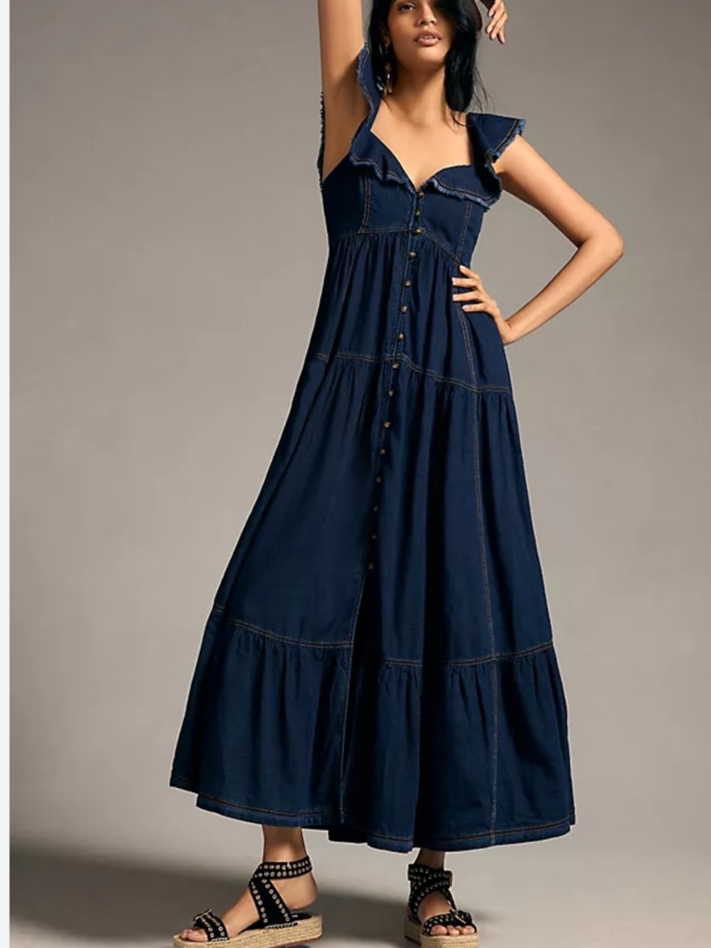 Pilcro Sweetheart Button-Front Denim Maxi Dress with Flutter Sleeves